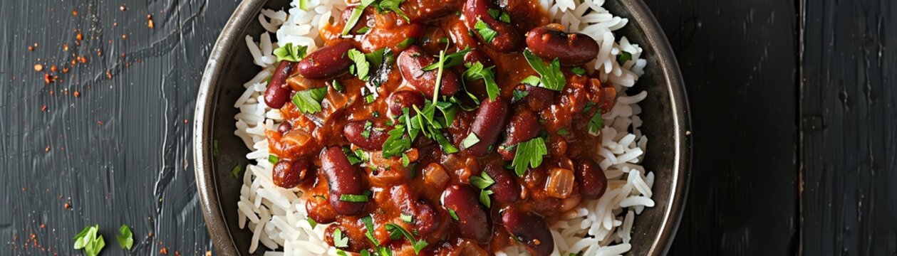 Top view of a serving of rajma chawal, featuring red kidney bean curry over a bed of white rice, garnished with fresh herbs