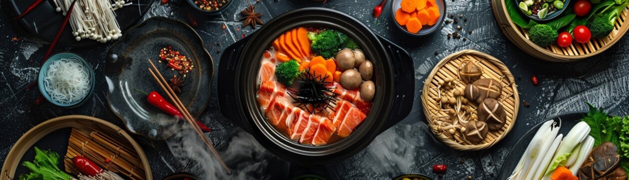 Top view of a traditional izakaya table showcasing a hot pot nabe surrounded by fresh ingredients ready to be cooked