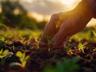 A close-up shot of a person's hand gently touching a small plant in a green field