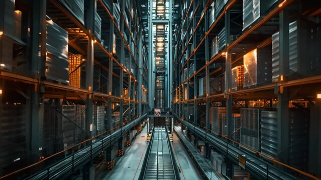 A striking view of an automated high-rise warehouse storage system, showcasing tall racks filled with pallets and containers under industrial lighting