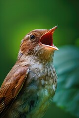 A close-up shot of a brown and white bird with its mouth open, revealing its beak and tongue