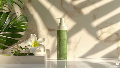 A bottle of lotion is on a table next to a flower