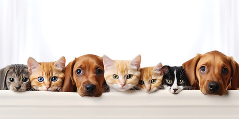 Adorable Group of Kittens and Puppies Peeking Over a White Surface with a White Background - Perfect for Pet Lovers and Animal-Themed Projects