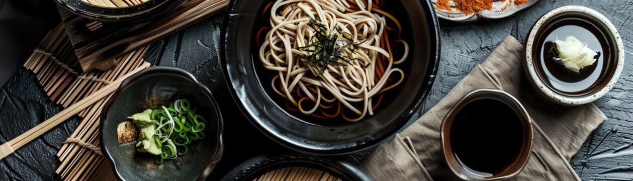 Top view of an izakaya setting with a variety of soba noodles, highlighting cold soba with dipping sauce and hot soba in broth