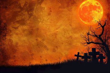 Ominous Halloween scene with glowing orange moon, silhouetted trees, and graveyard with crosses, set against a textured, grunge-style background with ample copy space. Happy Halloween.