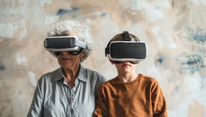 Elderly woman and young boy in virtual reality headsets at event