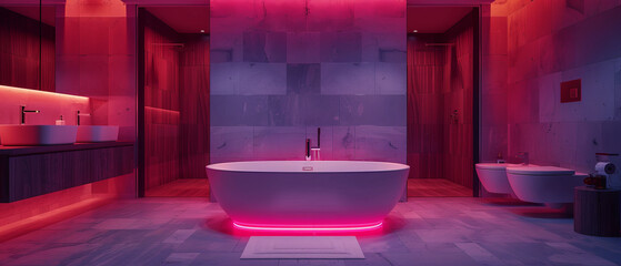 Minimalistic luxury bathroom with neon ambient lighting and modern fixtures