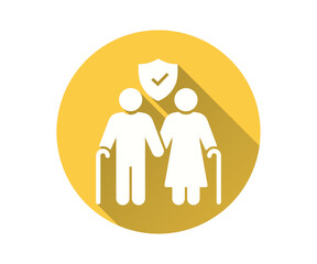 Senior safety and protection icon, vector flat design with long shadow. Features an elderly couple safeguarded by a shield with a checkmark, set inside a yellow circle.
