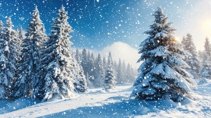 Fototapeta premium A serene winter scene featuring tall pine trees in front of a snowy background