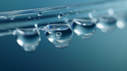 A macro photograph capturing clear, crisp water droplets suspended from a smooth surface in cool tones