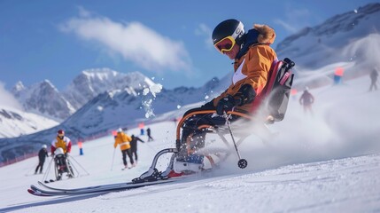 A snowy mountain resort offers adaptive skiing. A person with a disability enjoys a thrilling ride downhill.