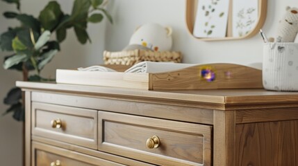 Elegant wooden dresser with a changing table attachment in a bright, natural light filled nursery.