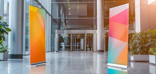 Two blank banners at conference hall entry, medium rectangular.