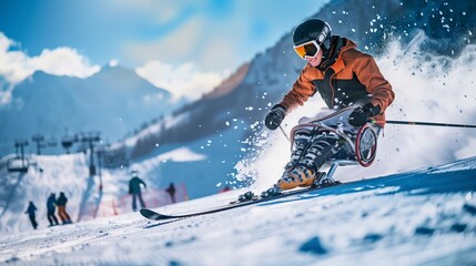 A snowy mountain resort offers adaptive skiing. A disabled person enjoys a thrilling ride with snow flying.