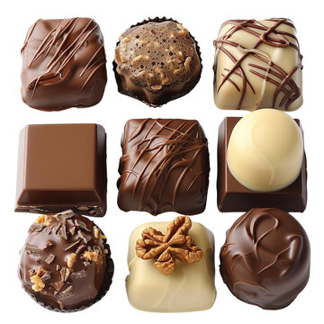 An assortment of nine gourmet chocolates with various fillings and toppings.