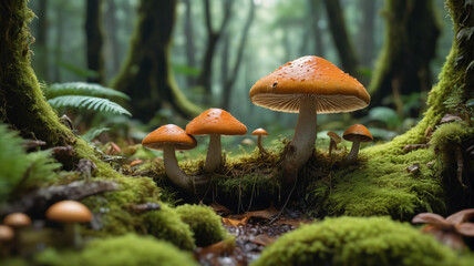 Fototapeta premium Exploring the intricate world of fungi in the jungle, where mushrooms emerge from mossy beds and create a vibrant, hidden ecosystem, Generative AI