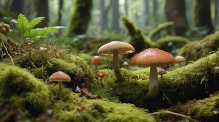Fototapeta premium Observing the delicate interactions between mushrooms and moss in the jungle, capturing the essence of their symbiotic relationship, Generative AI