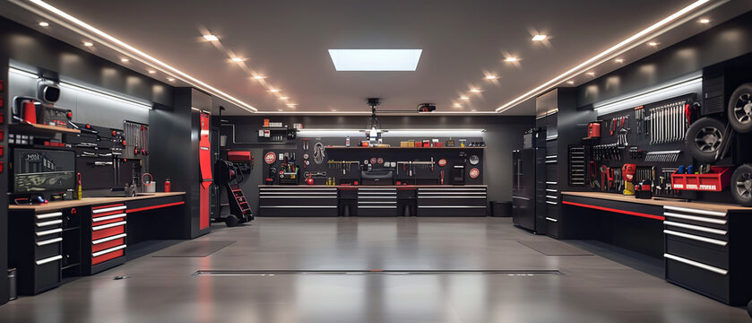 Modern garage interior with clean lines and organized tools