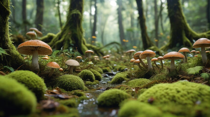 Immersing in the lush, mossy jungle floor where mushrooms flourish and contribute to the forest's intricate web of life, Generative AI