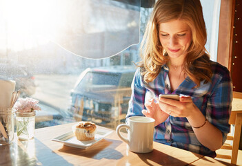 Woman, coffee and smartphone in cafe for breakfast, app and digital menu with happiness in city. Girl, smile and muffin in Sweden at restaurant with phone for email, chat and online customer feedback