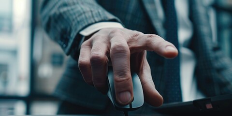 A person sitting at a desk or table using a computer mouse, likely for typing or browsing