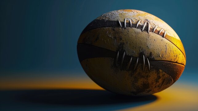 A detailed view of a vintage football resting on a table, ideal for use in nostalgic or retro-themed projects