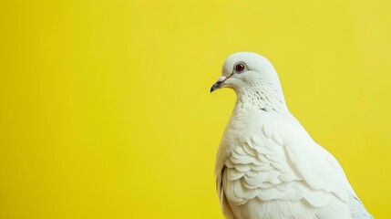 Fototapeta premium Doves Beauty in Focus: Close-up of Majestic Dove on Vibrant Yellow Background with Copy Space for Text.