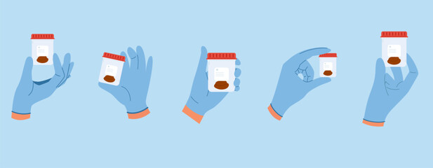 Set of illustrations with stool analysis. Doctor hands in blue gloves hold containers with poop sample