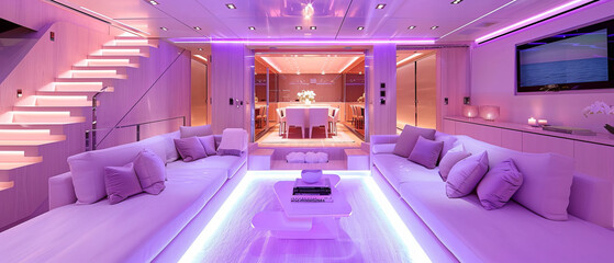 Neonlit luxury yacht interior with a minimalist design aesthetic