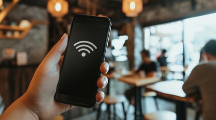 A close-up shot of a hand holding a smartphone with a Wi-Fi icon, indicating connectivity in a cafe setting