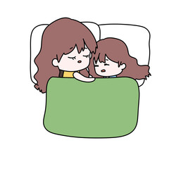 A cartoon of a woman and a child sleeping in bed