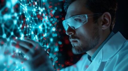 A focused scientist engages with a complex molecular structure displayed on a digital screen in a dark lab setting