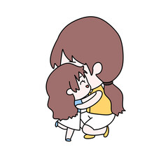 A woman is hugging a small child