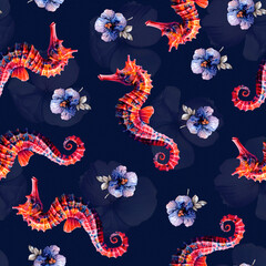 Obraz premium Watercolor clipart with a seahorse and marine life.