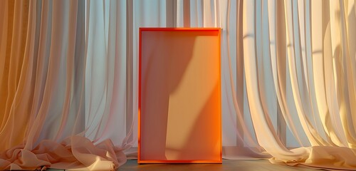 Vibrant gallery orange frame, sheer curtains.