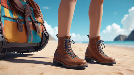 Naklejka premium Adventure Awaits: Embarking on Exciting Journeys with Practical Yet Fashionable Women's Vacation Footwear, Generative AI