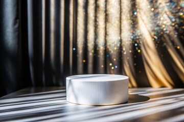 An empty cylindrical podium with sparkling crystals in the refraction of light on a minimalistic background, a stand for displaying models of cosmetics and goods.