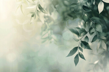 Nature green serene background with soft dappled light filtering through leaves