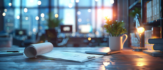 Public relations officer working on a press release, background featuring blurred office and media contacts, octane , ,