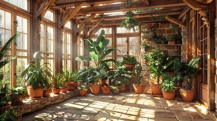 A sunroom with a rustic theme, decorated with wooden beams, stone walls, and an array of potted plants basking in the sunlight