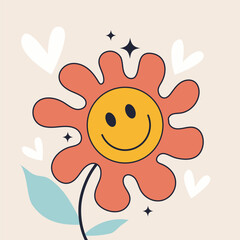 Groovy flower with a cartoon smiley face. Trendy art vector illustration of a cute sunflower. Summer flower retro character. Doodle art. Hand drawn flower icon in 70s style.