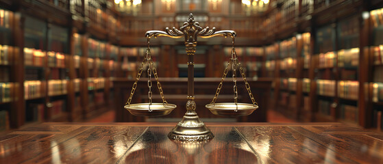 Scales of justice symbol in front of a law library