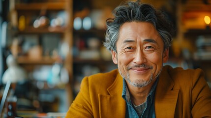 Obraz premium Smiling Middle-Aged Man in a Yellow Jacket Sitting in a Cafe