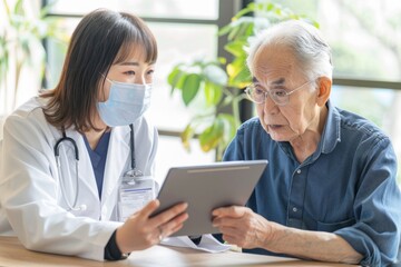 Fototapeta premium Japanese female doctor wearing a mask and white coat is sitting at a table with an elderly male patient
