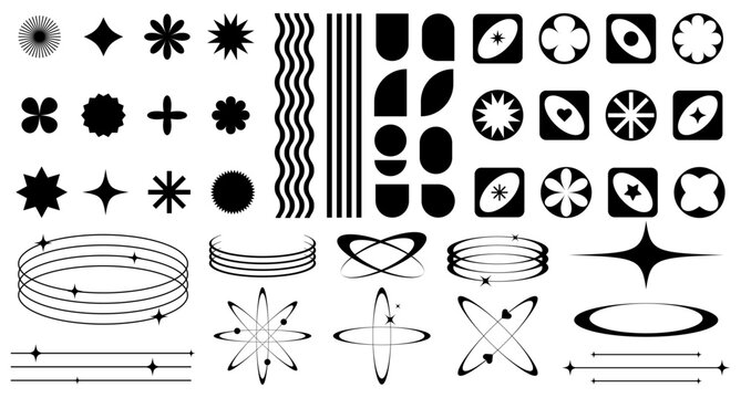 Set of abstract retro futuristic elements and shapes and aesthetic line frames boho, brutalism, Y2K style. Geometric elements with sparkles for template social media, poster, banner, logo, stickers