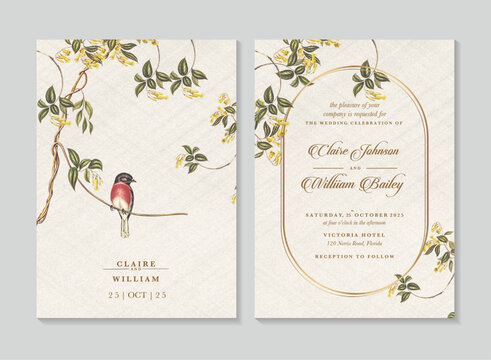 Wedding Invitation Template with Botanical Illustration