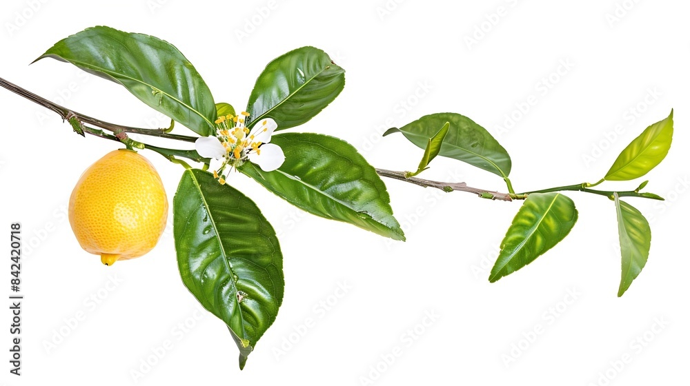 Aufkleber lemon with green leaves and flower on tree branch isolated on white background : generative ai