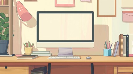 Computer mockup, computer with blank screen on desk, illustration style