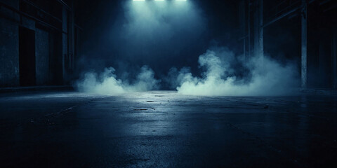 Obraz premium Dark street, asphalt abstract dark blue background, empty dark scene, neon light, spotlights The concrete floor and studio room with smoke float up the interior texture for display products