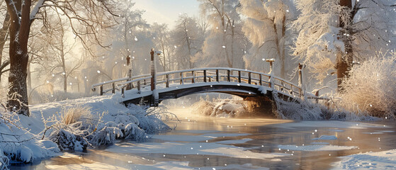 Snowcovered bridge over a frozen river